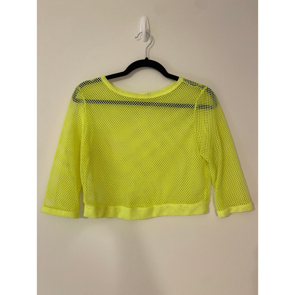 Neon Yellow Fishnet Mesh Crop‎ Top 3/4 Sleeve Sheer Festival Rave 80s Style S/M
